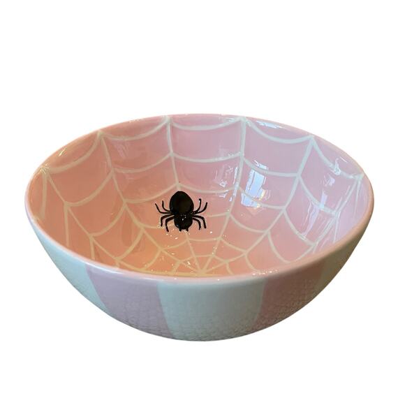 Pink & White Striped Spider Web Candy Bowl 10" Ceramic Chic Halloween Decor NEW - Picture 8 of 15